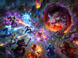 DOTA2 肉山团战回放画面，双方十名英雄在肉山巢穴附近交火